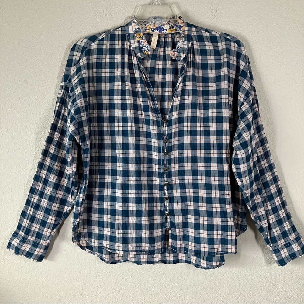 Anthropologie PILCRO Plaid Button Shirt M Floral Boho Cottage Festival Peasant - Picture 13 of 14